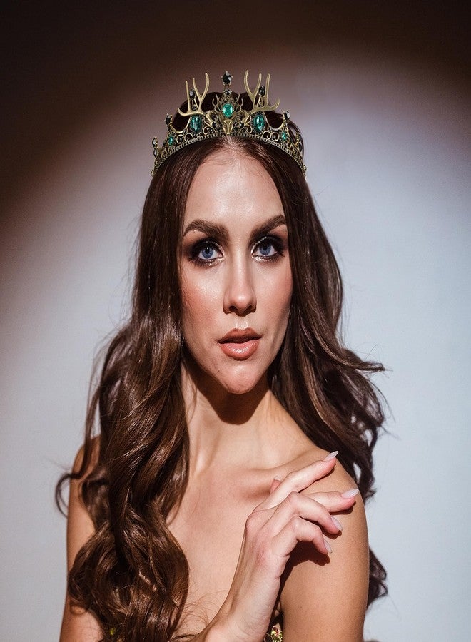 CoTeeZa Green Crown Emerald Headpiece for Women - Medieval Rhinestone Antler Crown Deer Horns Headband for Renaissance Halloween Cosplay Druid Costume Party Prom - Image 2